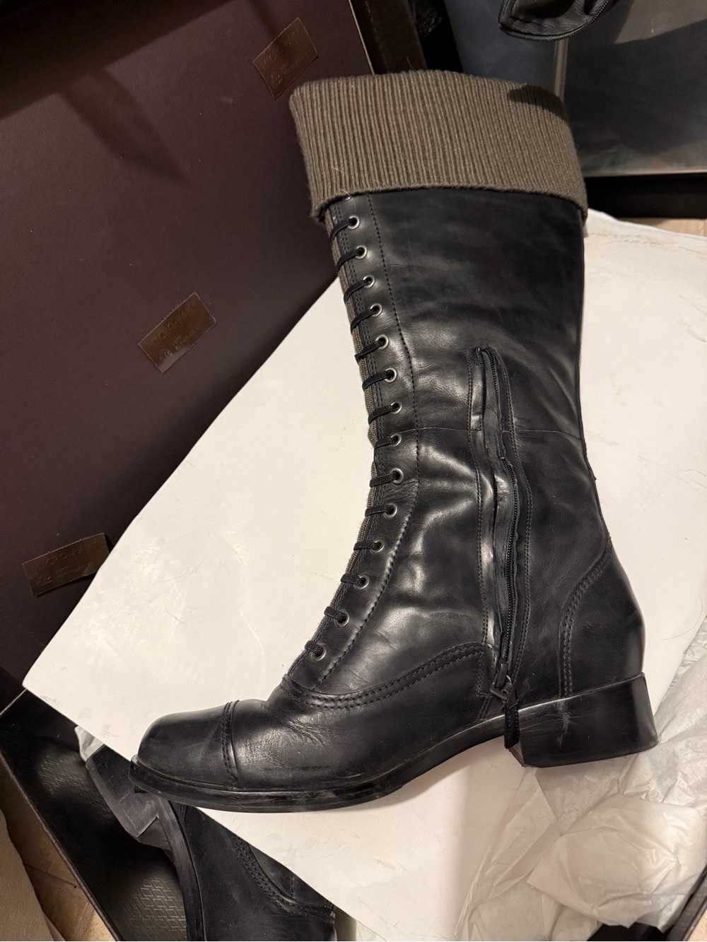 Cole Haan Black Leather Lace-Up Mid-Calf Boots with Olive Knit Cuff worn twice..